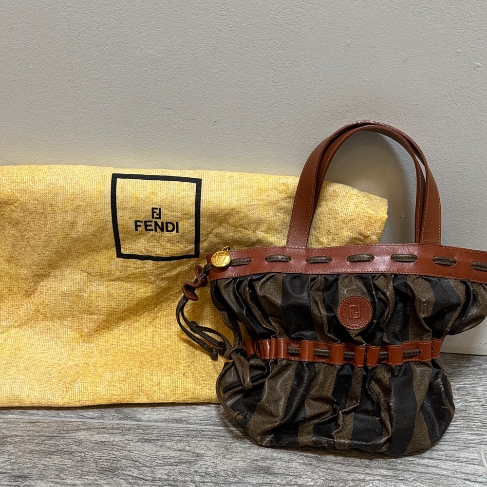 VINTAGE Fendi Pequin Striped Drawstring Bucket Bag